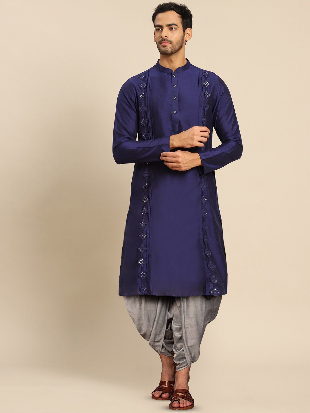 

KISAH Ethnic Motifs Embroidered Thread Work Straight Kurta with Dhoti Pants, Navy blue