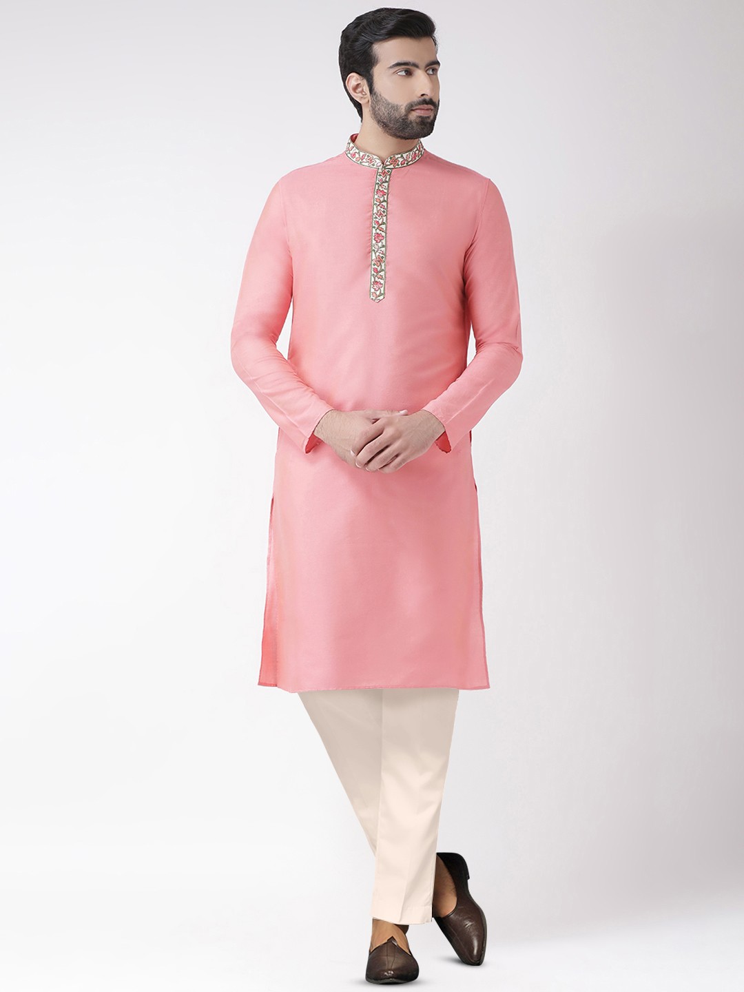 

KISAH Mandarin Collar Thread Work Detailed Straight Kurta with Churidar, Pink