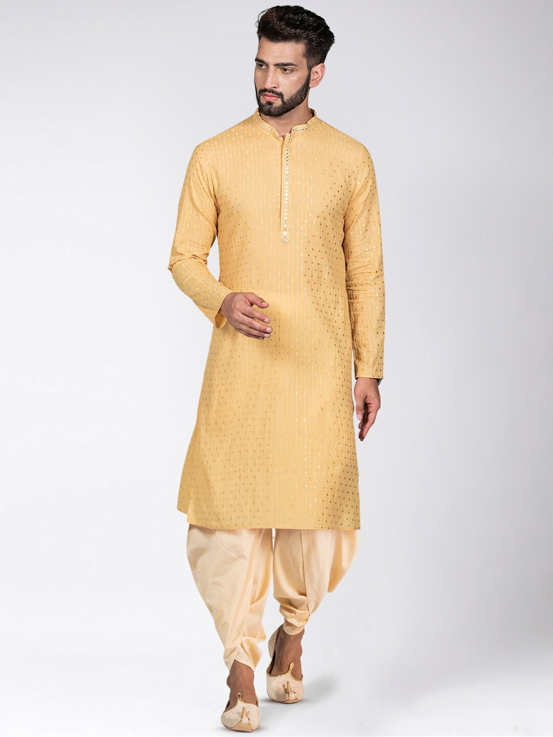 

KISAH Woven Design Mirror Work Detailed Straight Kurta with Dhoti Pants, Yellow