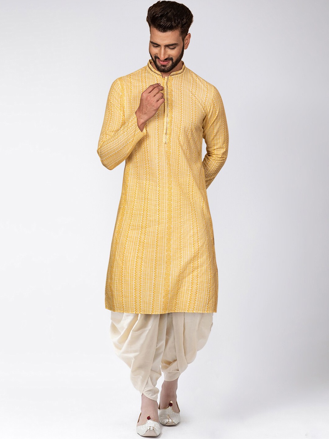 

KISAH Geometric Printed Mandarin Collar Kurta with Dhoti Pants, Yellow