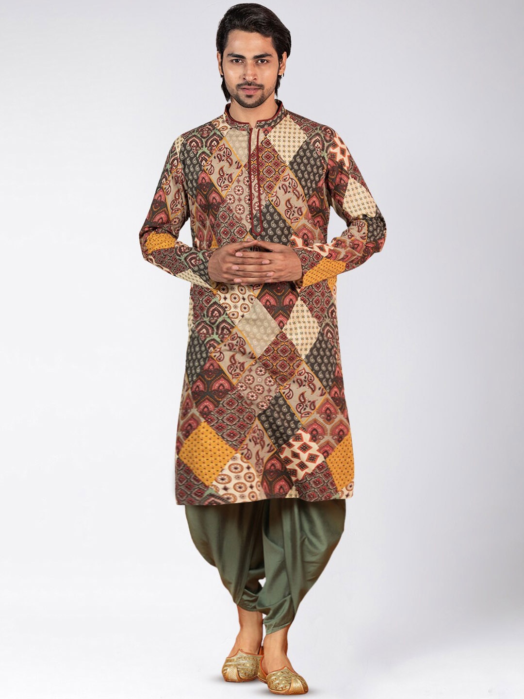 

KISAH Ethnic Motifs Printed Mandarin Collar Straight Kurta With Dhoti Pants, Red