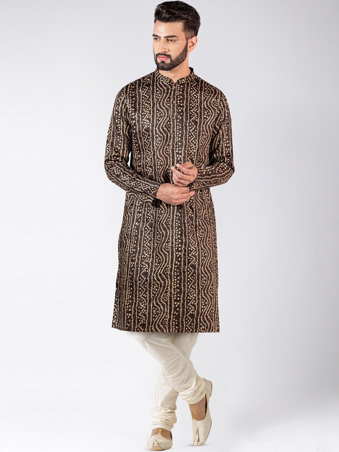 

KISAH Bandhani Printed Straight Kurta With Churidar Set, Brown