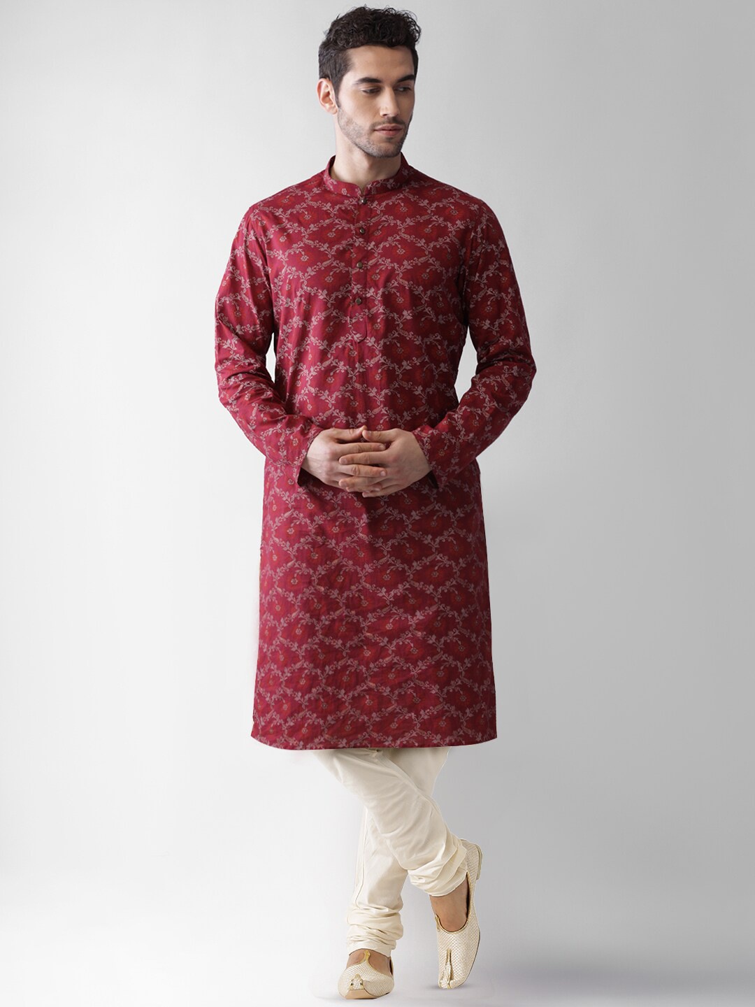 

KISAH Men Ethnic Motifs Floral Printed Mandarin Collar Straight Kurta With Churidar Set, Maroon