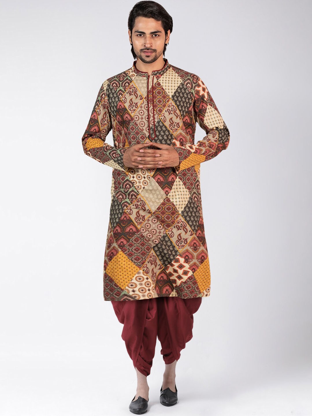 

KISAH Ethnic Motifs Printed Mandarin Collar Straight Kurta With Dhoti Pants, Yellow