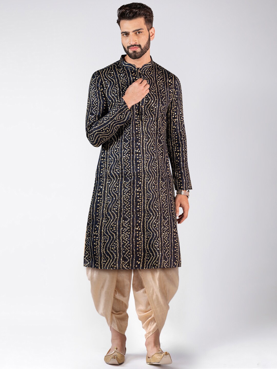 

KISAH Bandhani Printed Mandarin Collar Straight Kurta With Dhoti Pants, Navy blue