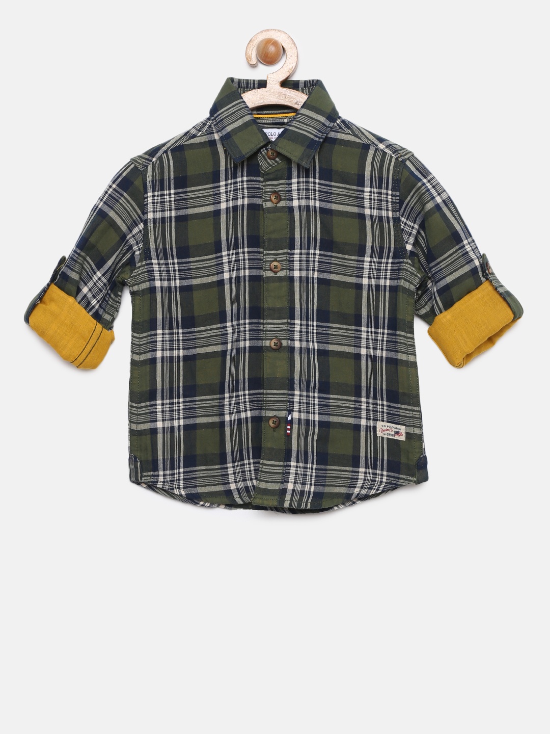 

U.S. Polo Assn. Kids Boys Olive Green & Navy Blue Regular Fit Checked Casual Shirt