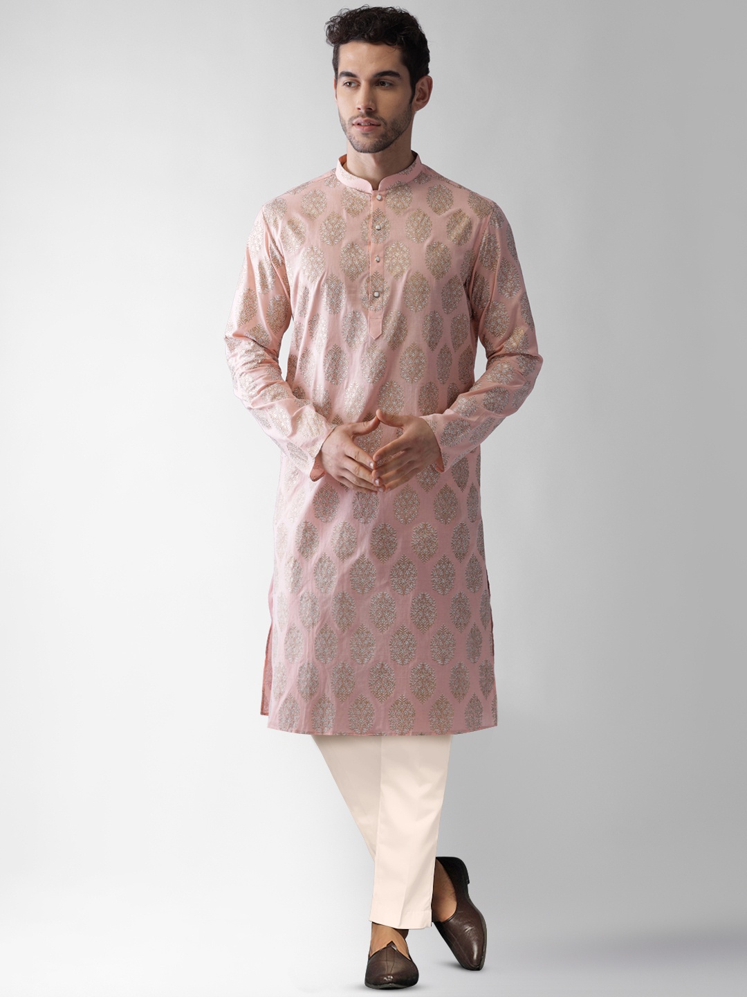 

KISAH Floral Printed Mandarin Collar Straight Kurta With Trousers, Peach