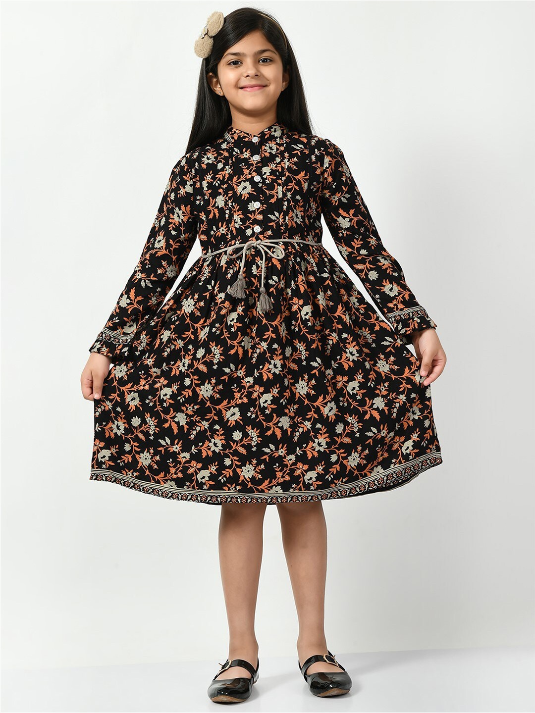 

Bella Moda Girls Floral Printed Band Collar Gathered Cotton Fit & Flare Dress, Black