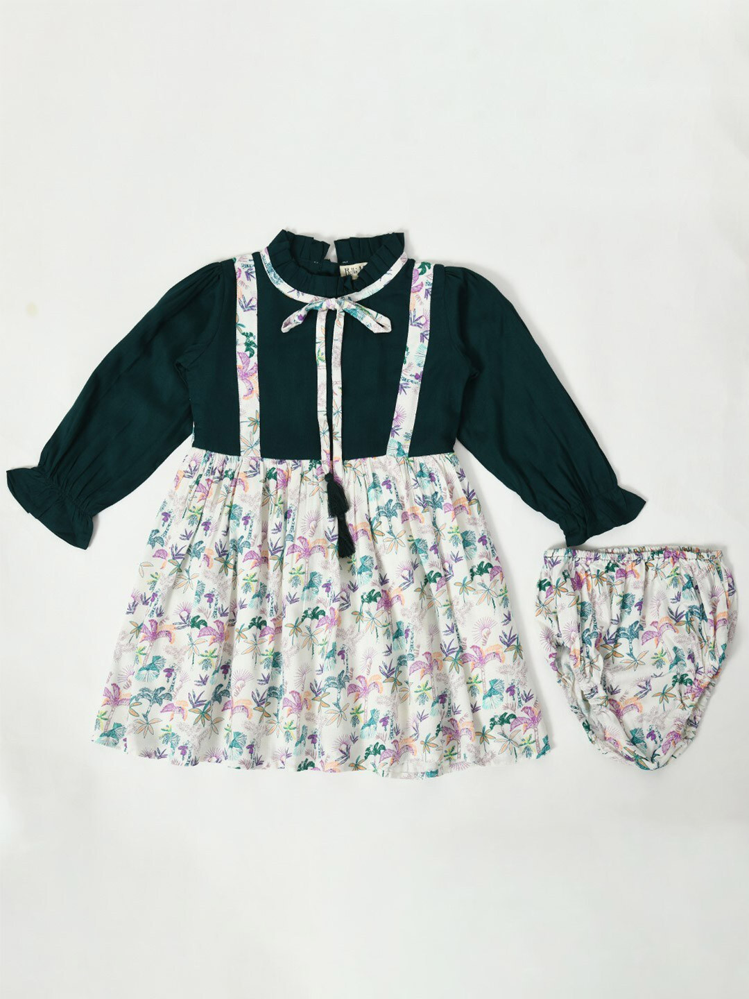 

Bella Moda Girls Conversational Printed High Neck Cotton Fit & Flare Dress With Bloomer, Green