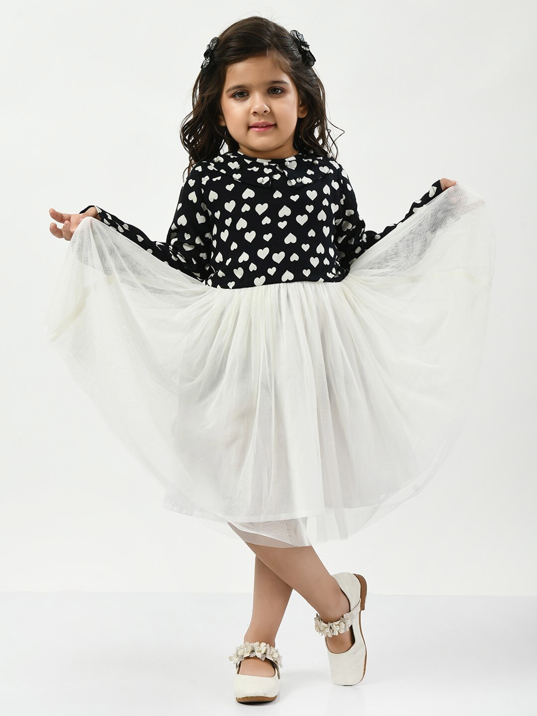 

Bella Moda Girls Conversational Printed Round Neck Gathered Cotton Fit & Flare Dress, Black