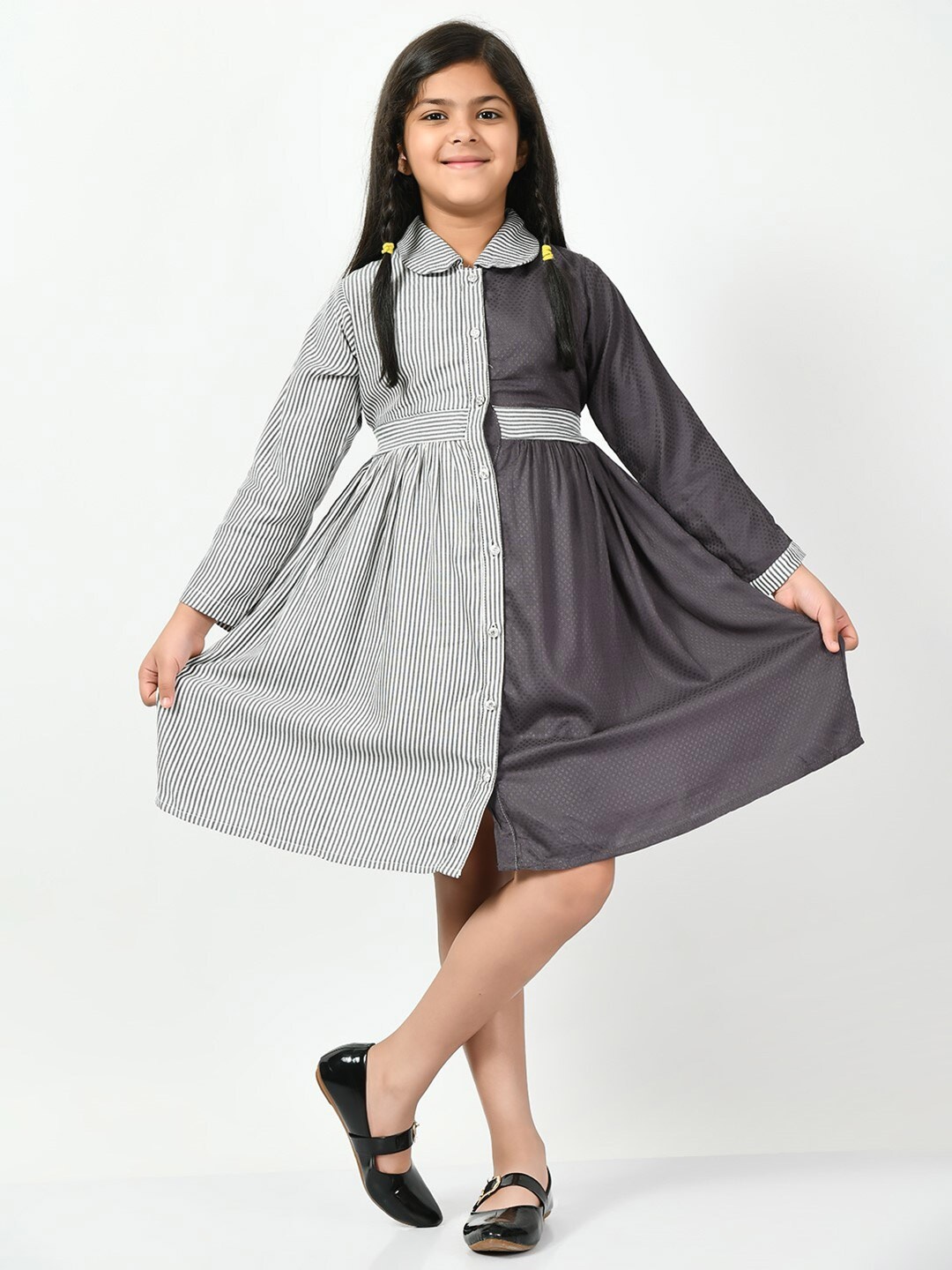 

Bella Moda Girls Striped Peter Pan Collar Gathered Cotton A-Line Dress, Grey