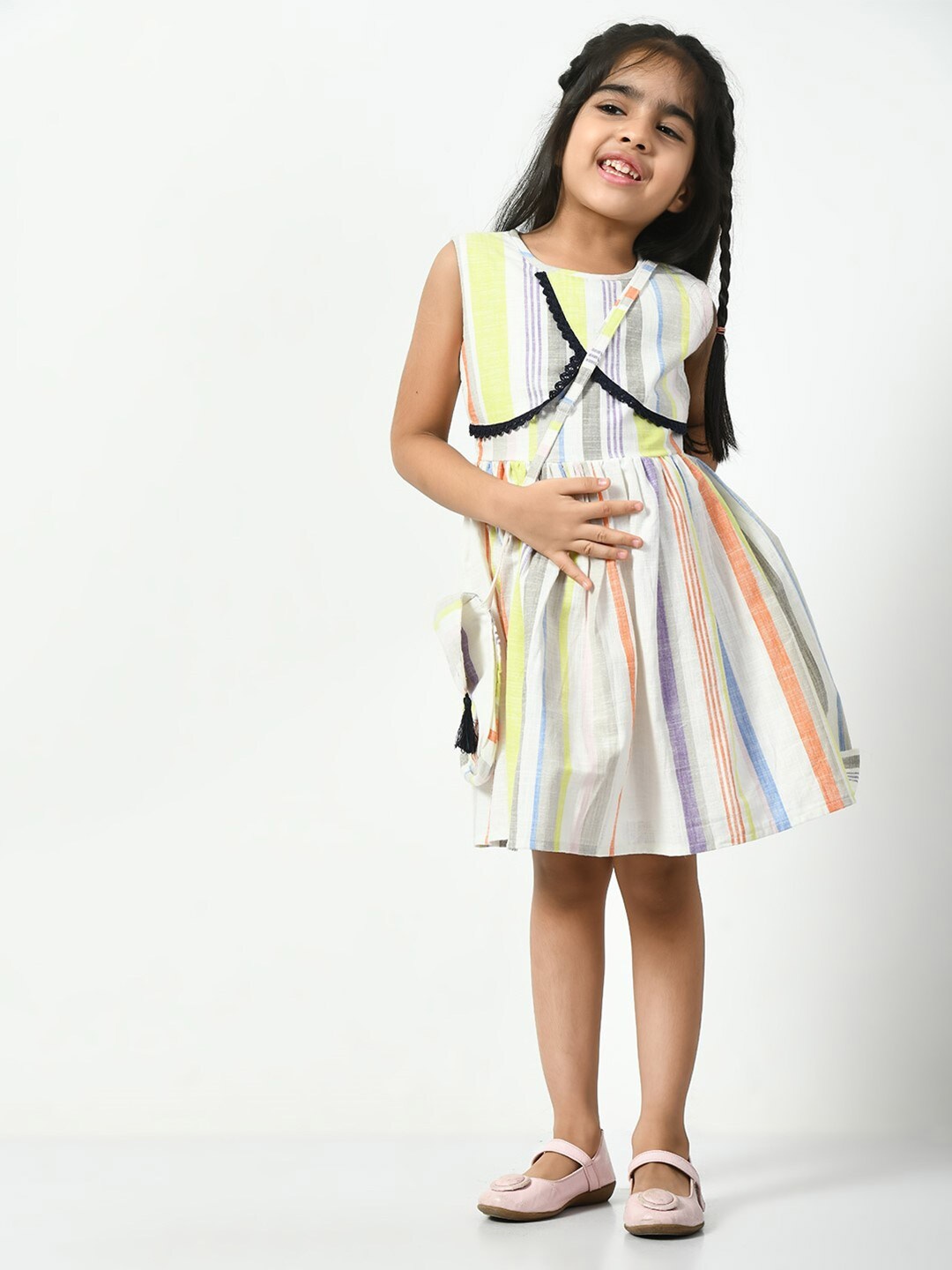 

Bella Moda Girls Striped Round Neck Cotton Fit & Flare Dress With Sling Bag, White