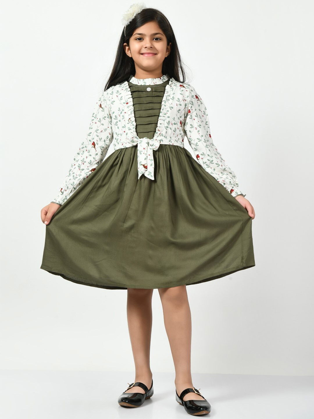 

Bella Moda Girls Floral Printed High Neck Ruffles Cotton Fit & Flare Dress, White