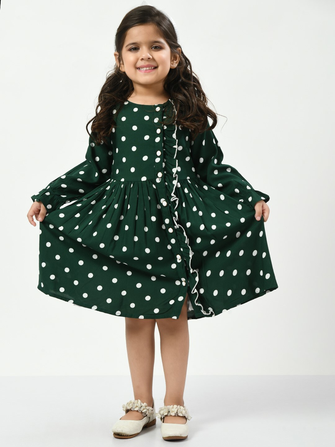 

Bella Moda Girls Polka Dot Printed Bell Sleeve Cotton Fit & Flare Dress, Green