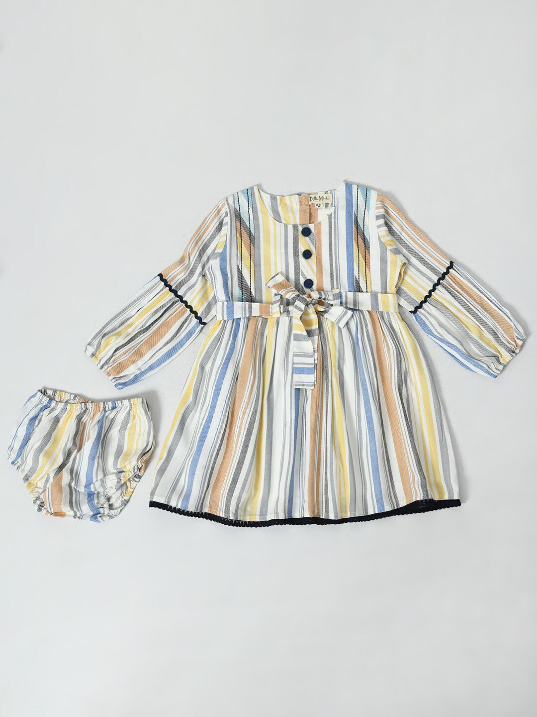 

Bella Moda Girls Striped Gathered Detail Pure Cotton A-Line Dress With Brief, Blue