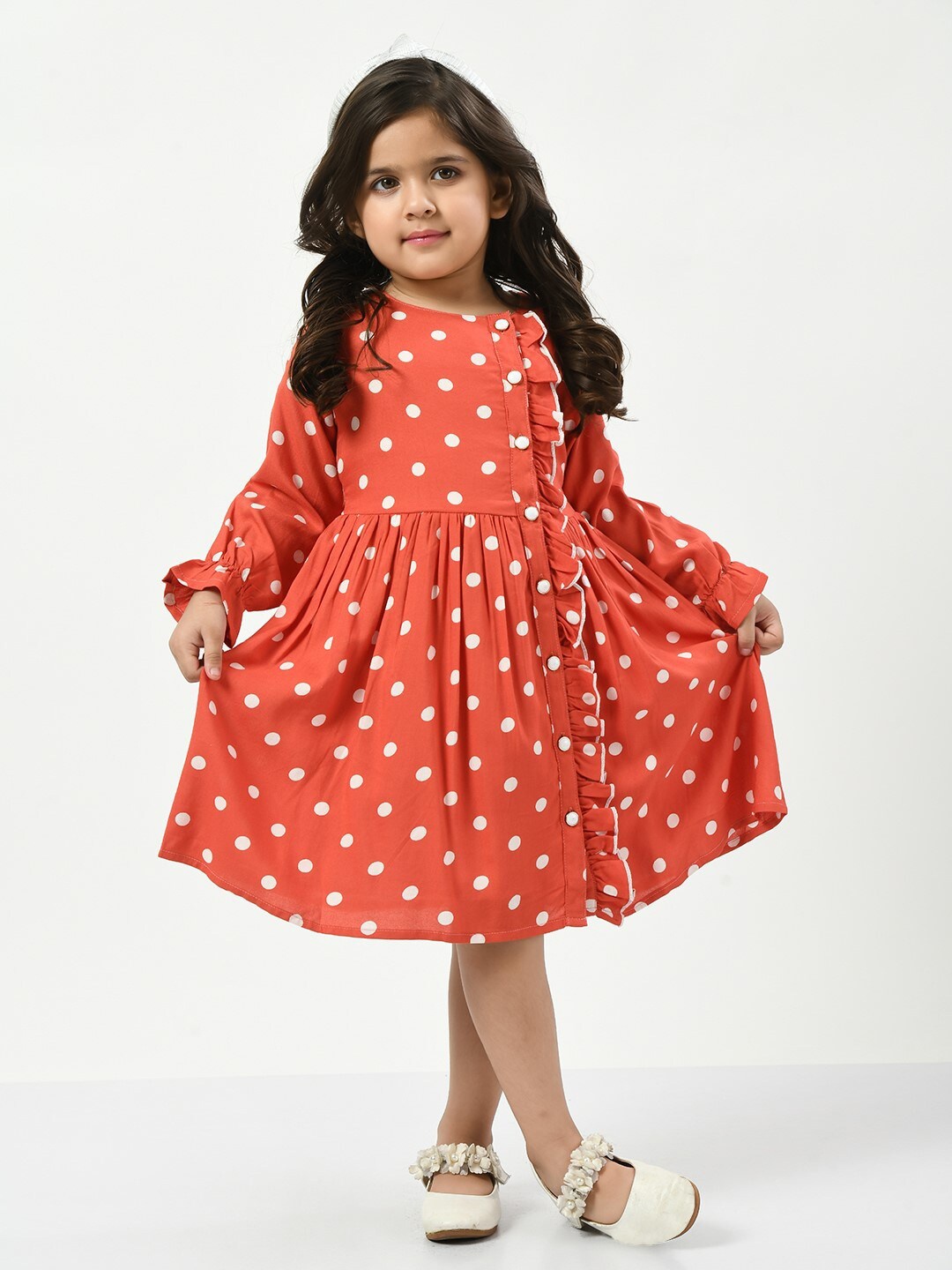 

Bella Moda Girls Polka Dot Printed Cuffed Sleeves Gathered A-Line Dress, Red