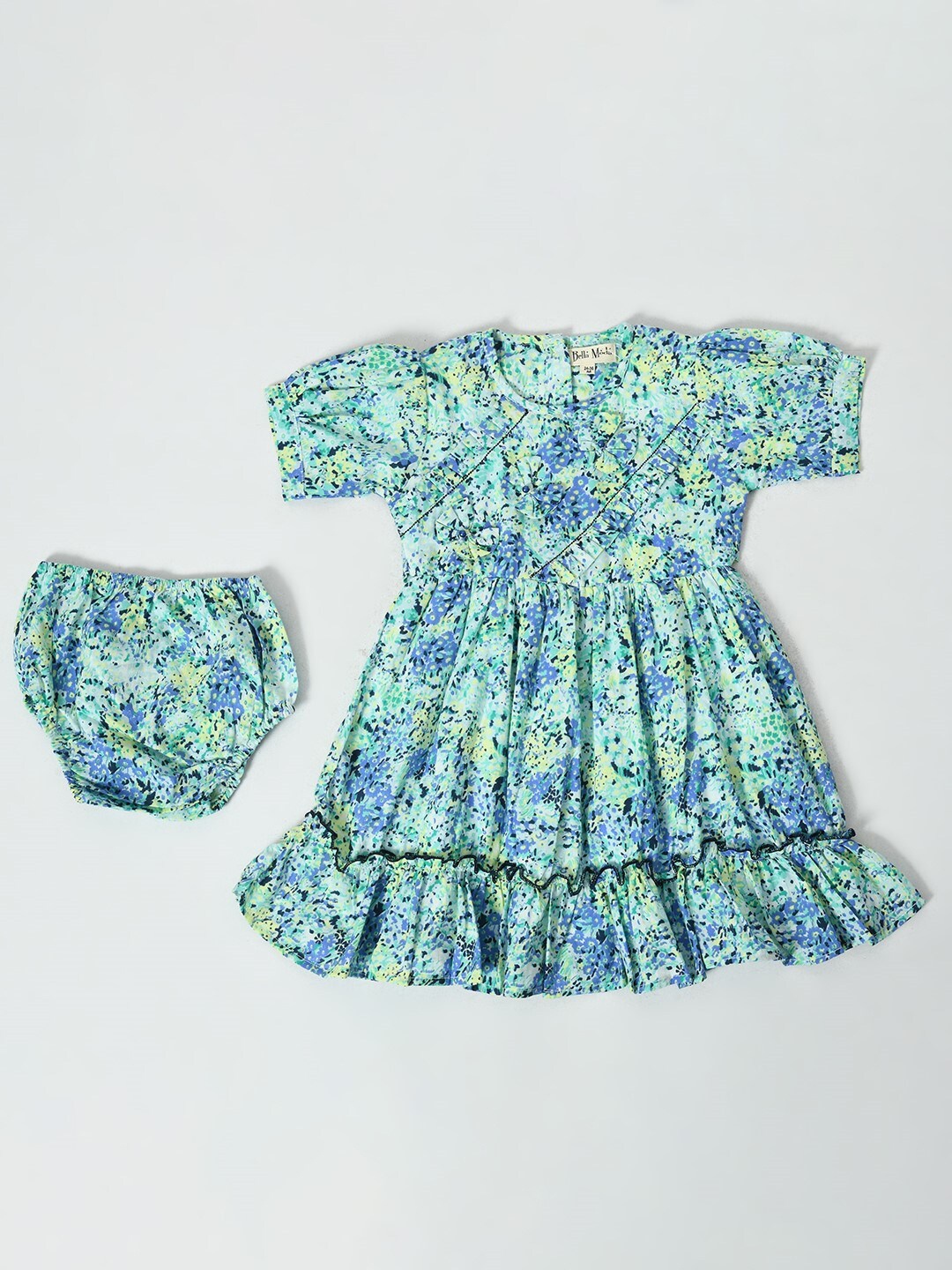 

Bella Moda Girls Abstract Printed Puff Sleeve Pure Cotton Fit & Flare Dress, Blue
