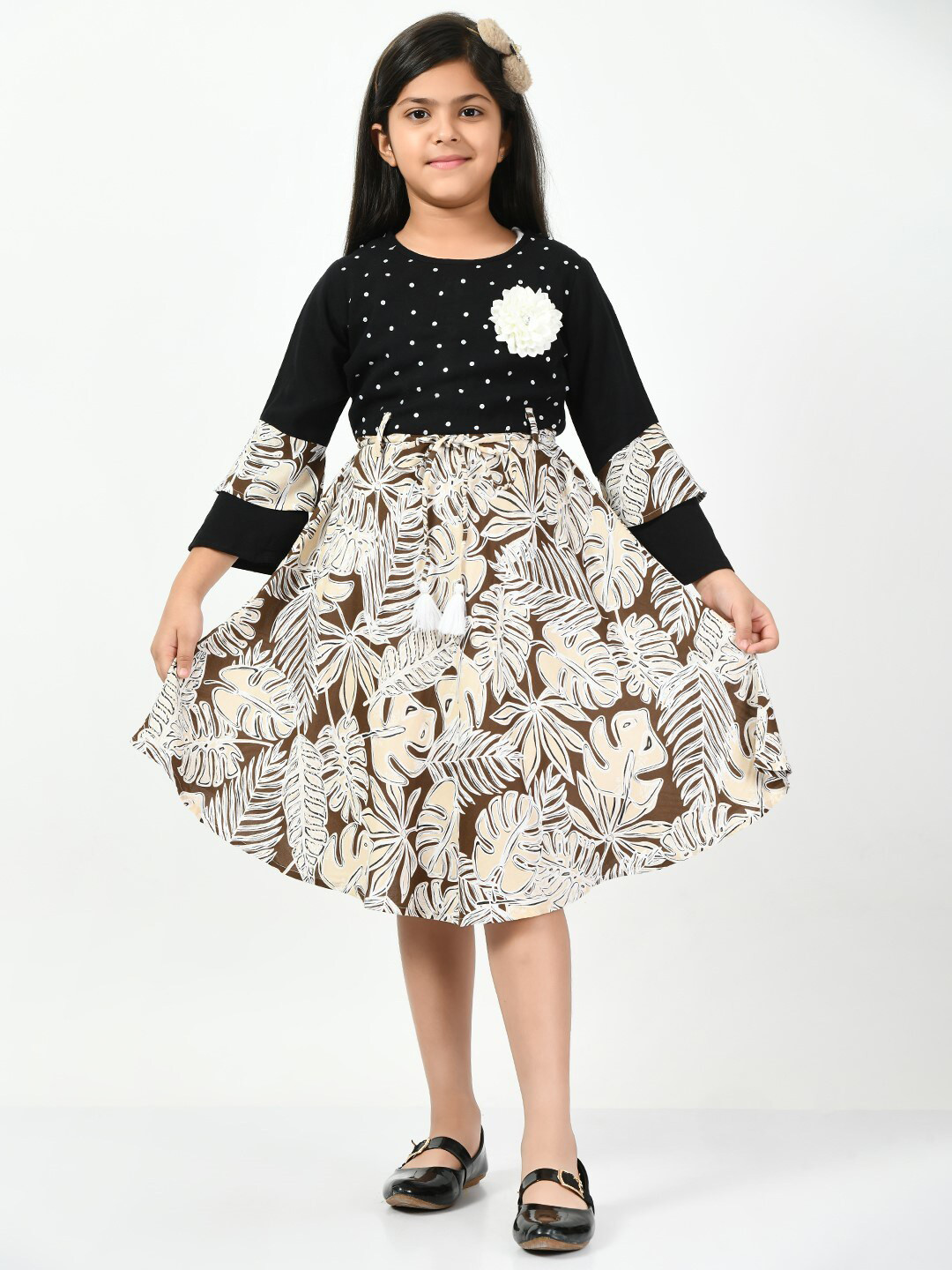 

Bella Moda Girls Tropical Printed Sequined Pure Cotton Fit & Flare Dress, Black