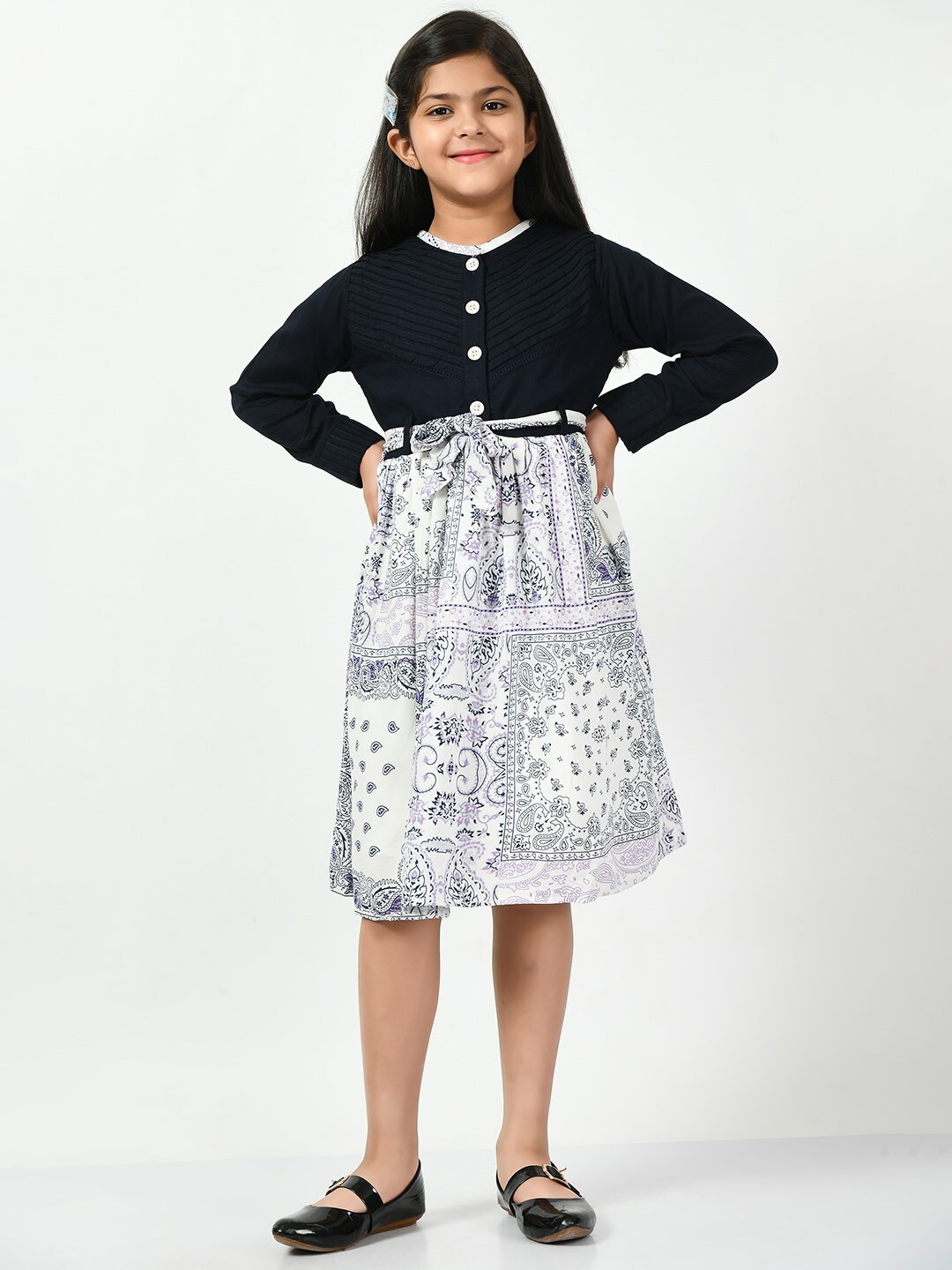 

Bella Moda Girls Ethnic Motifs Printed Pleated Detailed Pure Cotton A-Line Dress, Navy blue