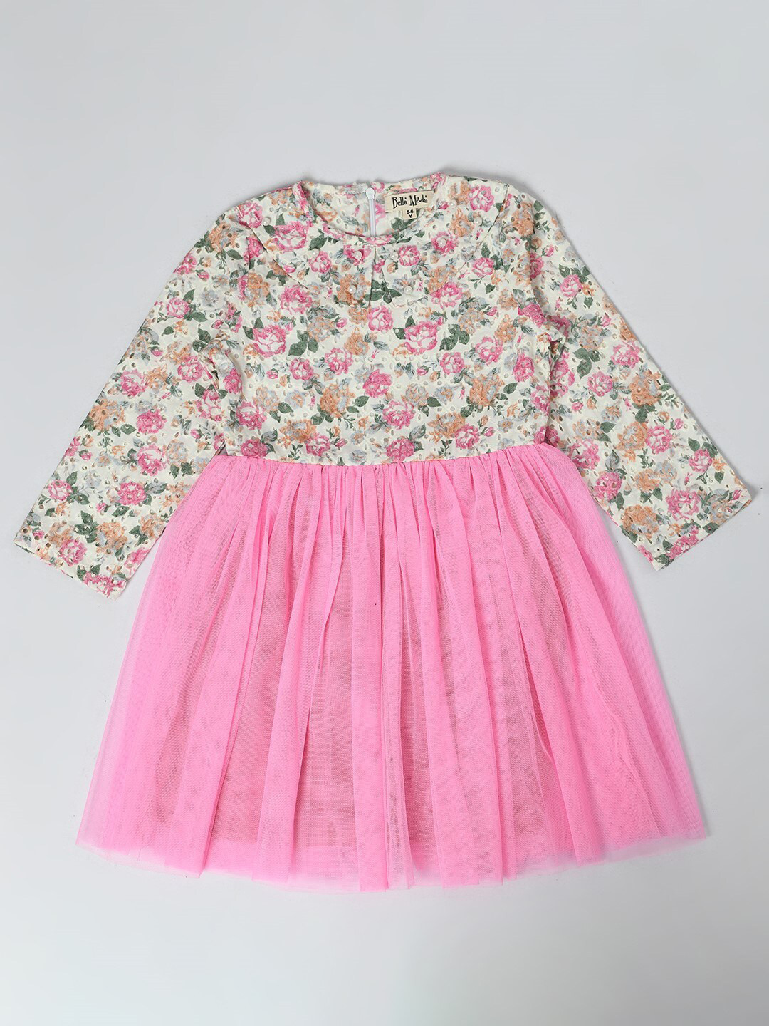 

Bella Moda Girls Floral Printed Gathered Detail Pure Cotton Fit & Flare Dress, Cream