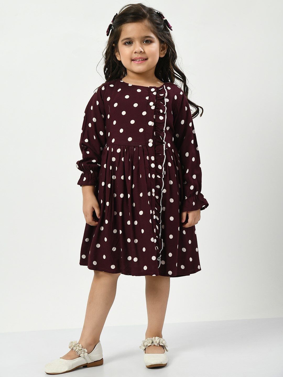 

Bella Moda Girls Polka Dots Printed Ruffled Pure Cotton Fit & Flare Dress, Burgundy