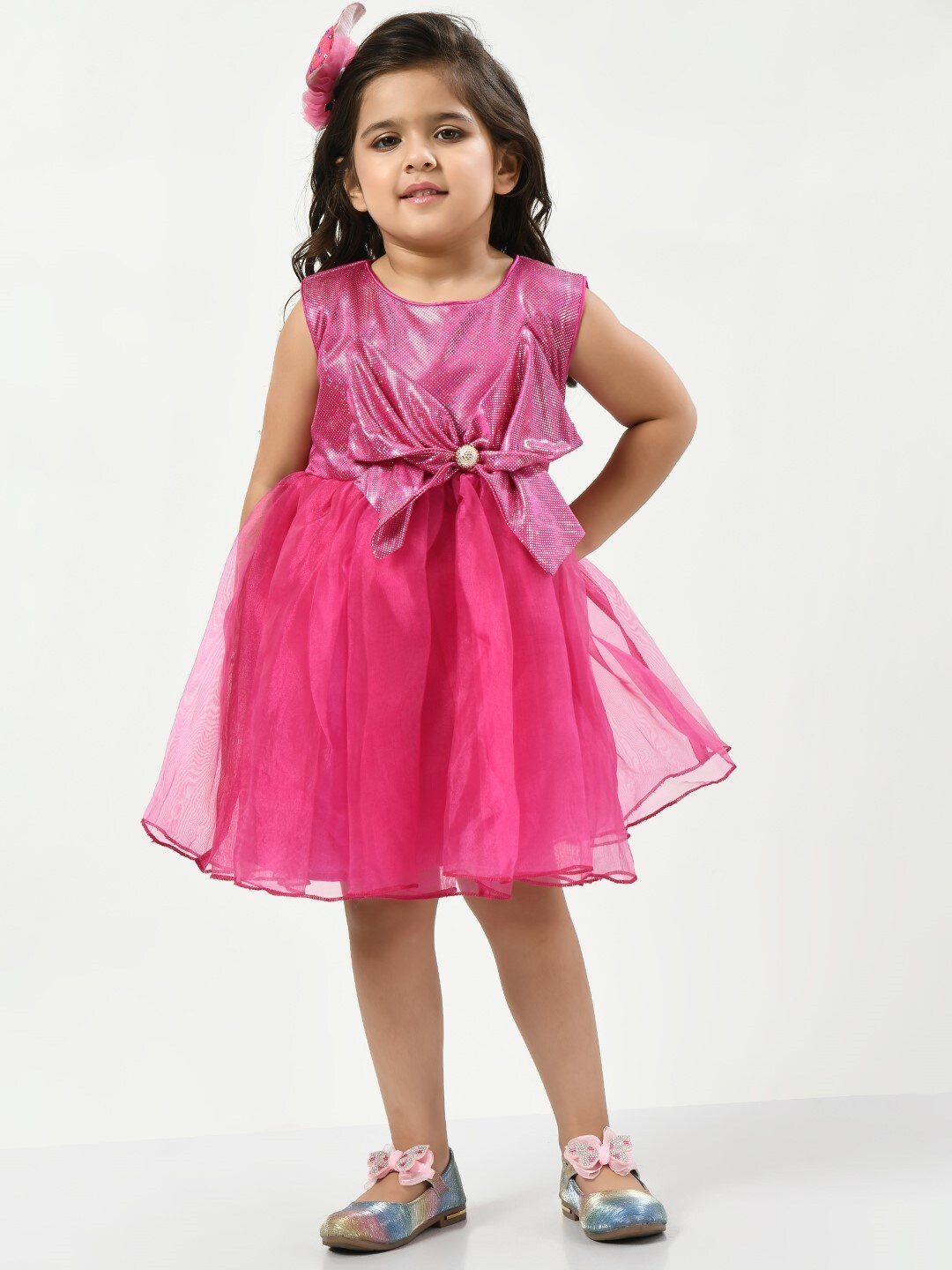 

Bella Moda Girls Polka dots Printed Bow Detail Fit & Flare Dress, Pink