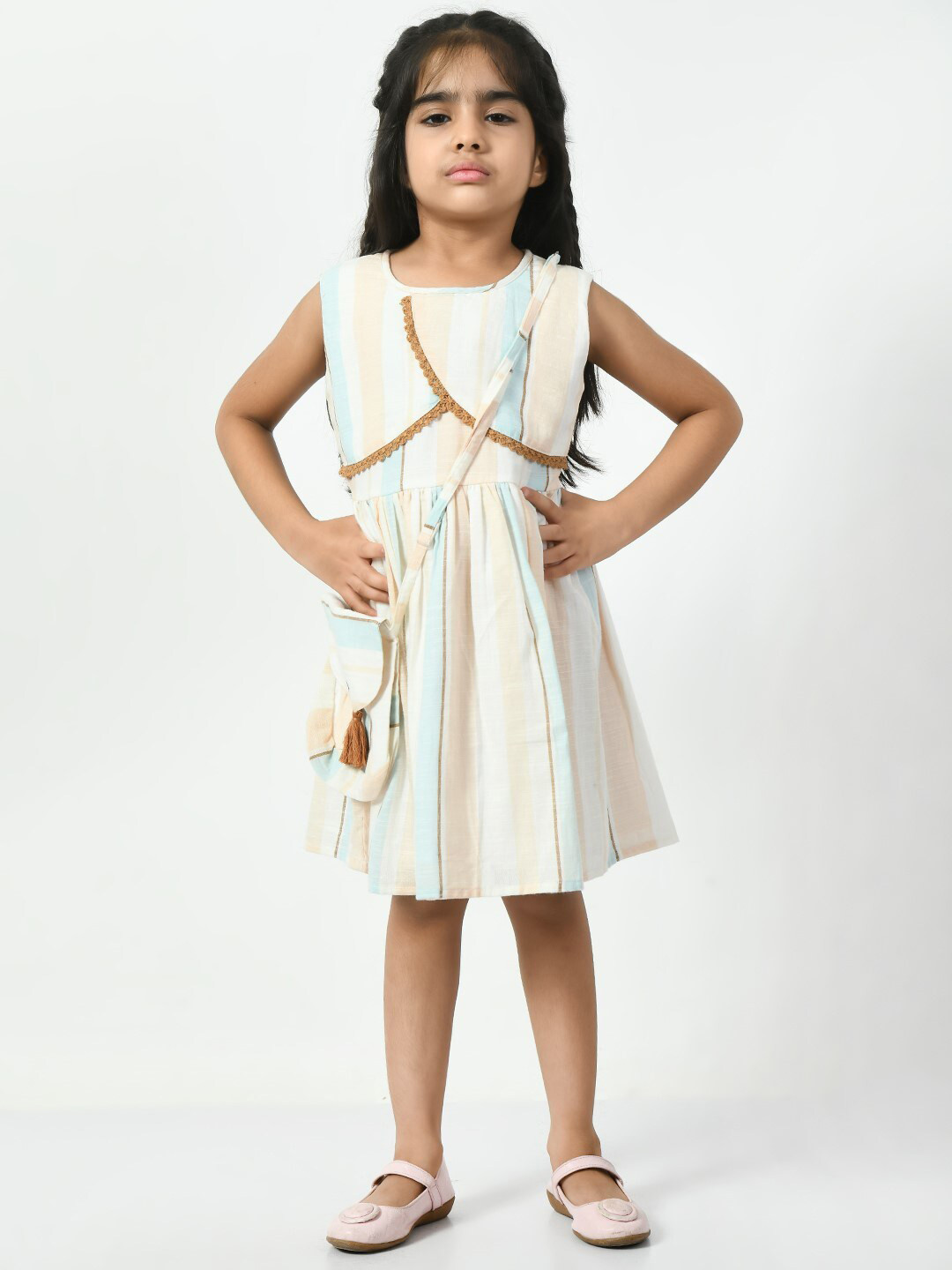 

Bella Moda Girls Striped Round Neck Cotton Fit & Flare Dress With Sling Bag, Cream