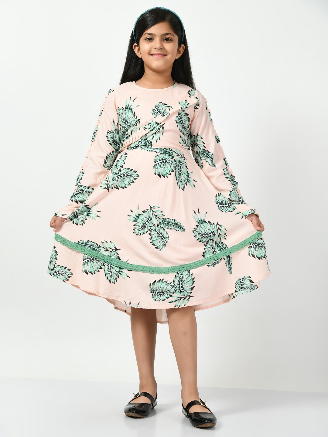 

Bella Moda Girls Conversational Printed Round Neck Cotton A-Line Dress, Peach