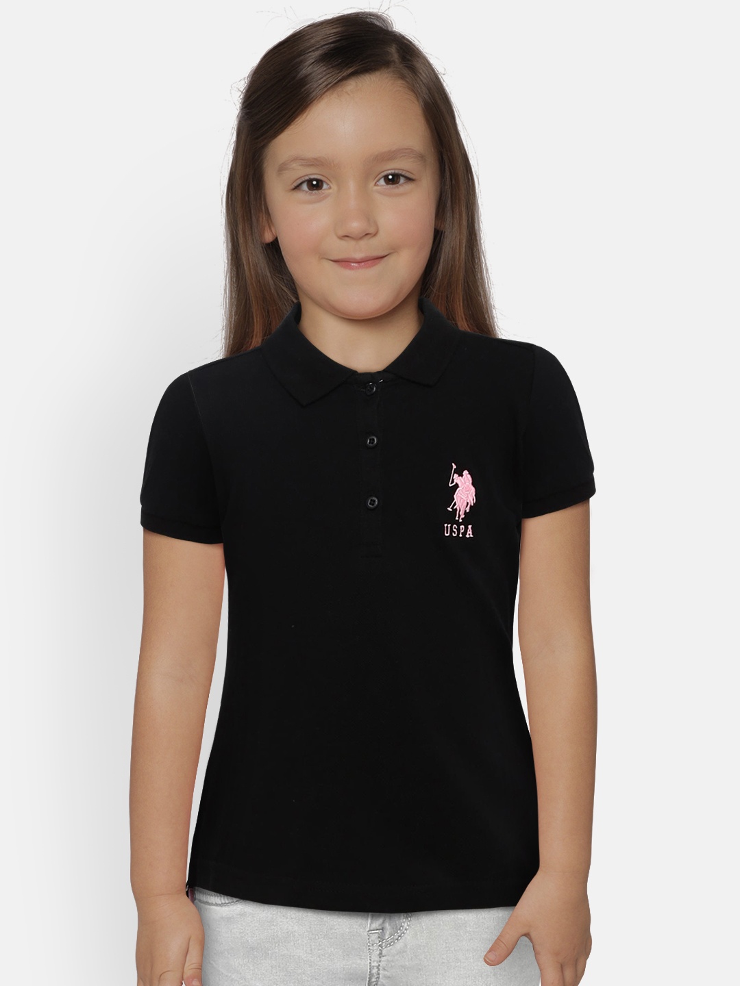 

U.S. Polo Assn. Kids Girls Black Solid Polo Collar T-shirt