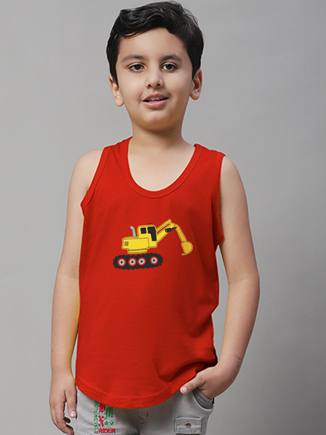 

Friskers Boys Printed Scoop Neck Pure Cotton Gym Vest, Red