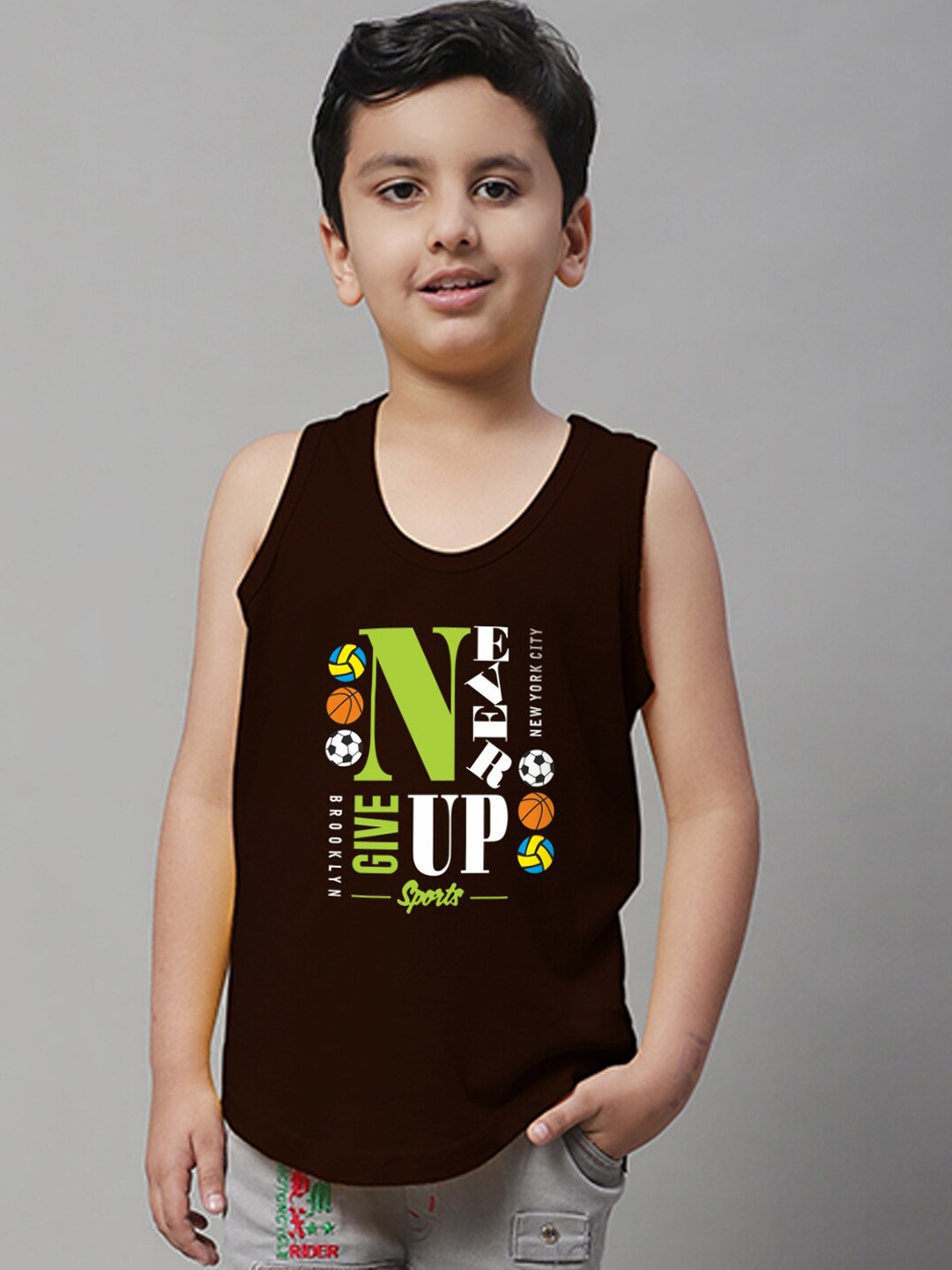 

Friskers Boys Printed Innerwear Vest, Brown
