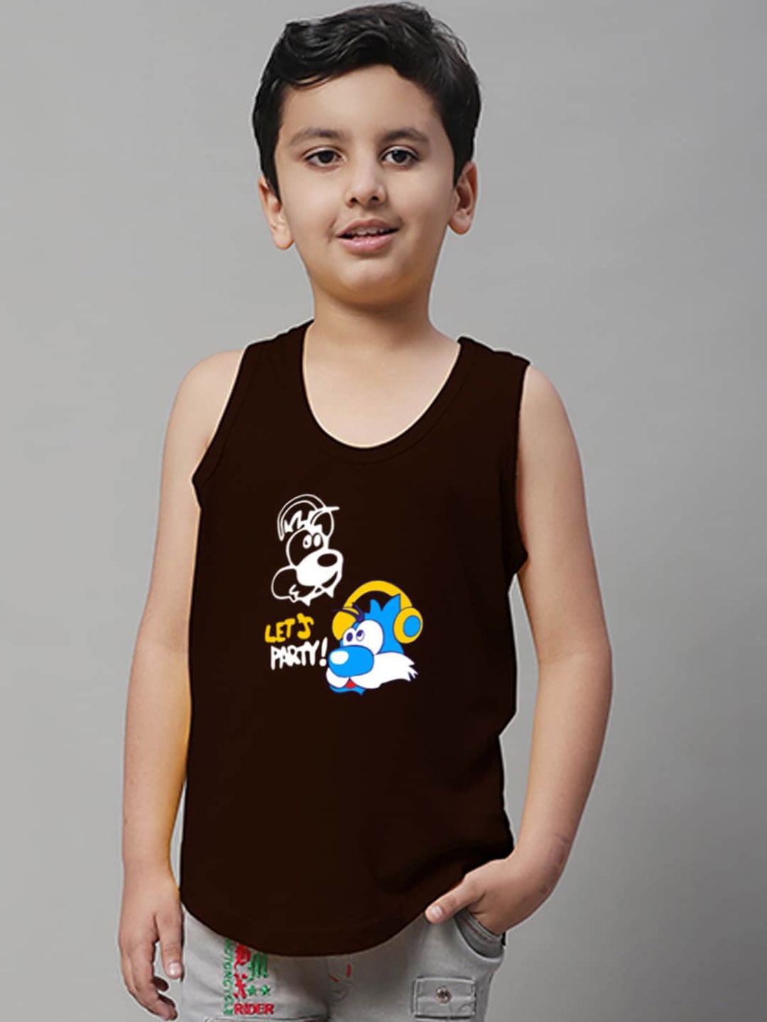 Friskers Boys Printed Scoop Neck Gym Vest, Brown