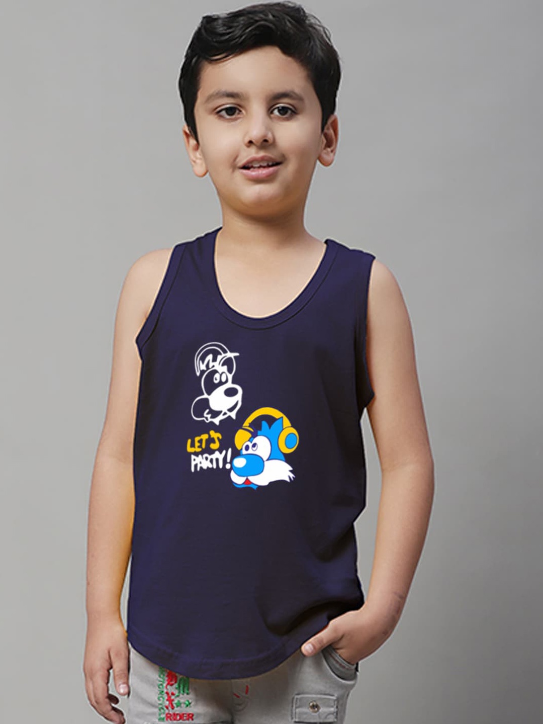 

Friskers Boys Printed Scoop Neck Gym Vest, Navy blue