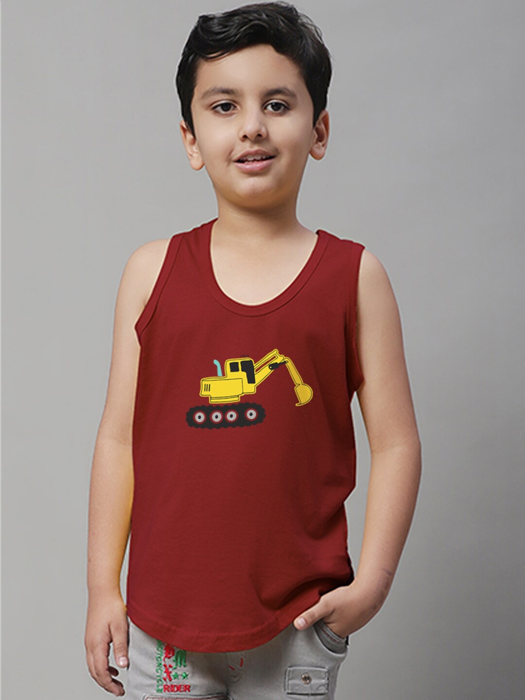 

Friskers Boys Printed Scoop Neck Pure Cotton Gym Vest, Maroon