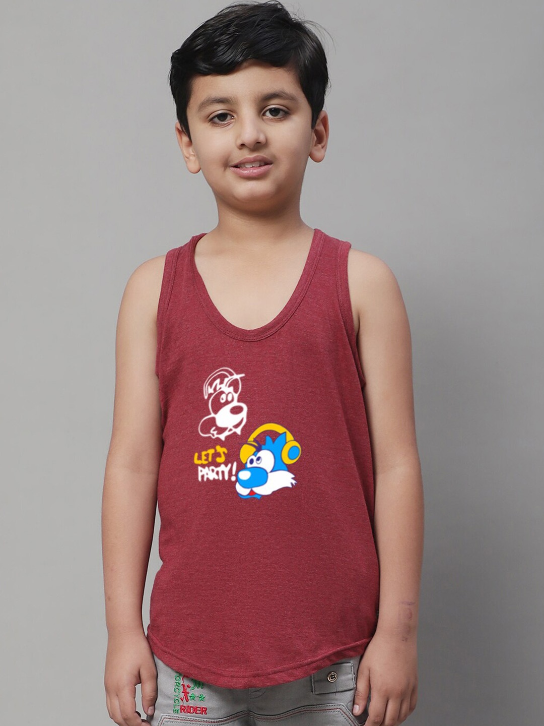 Friskers Boys Printed Scoop Neck Cotton Gym Vest, Maroon
