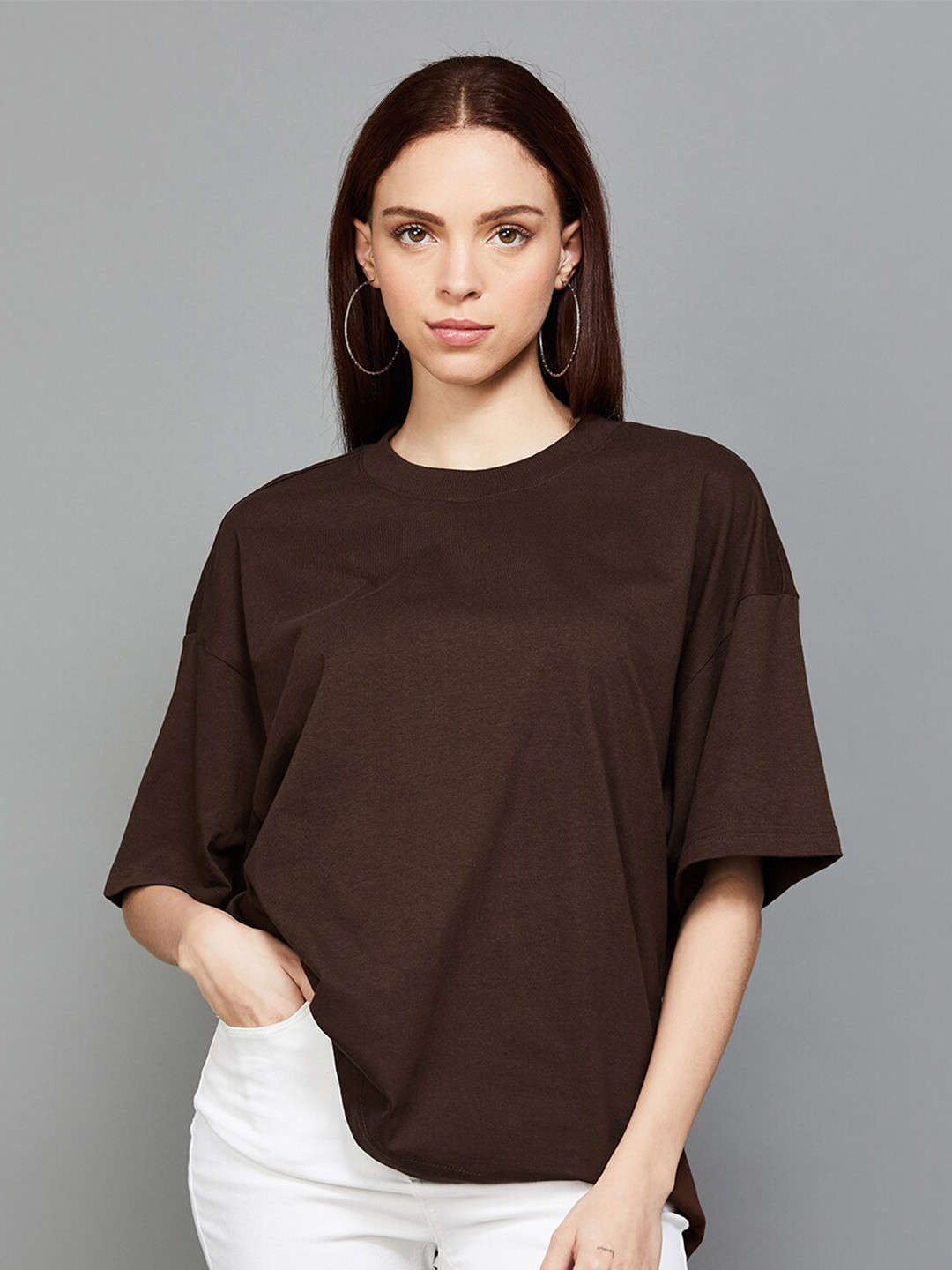 

Ginger by Lifestyle Drop Shoulder Sleeves Oversized Cotton Top, Brown