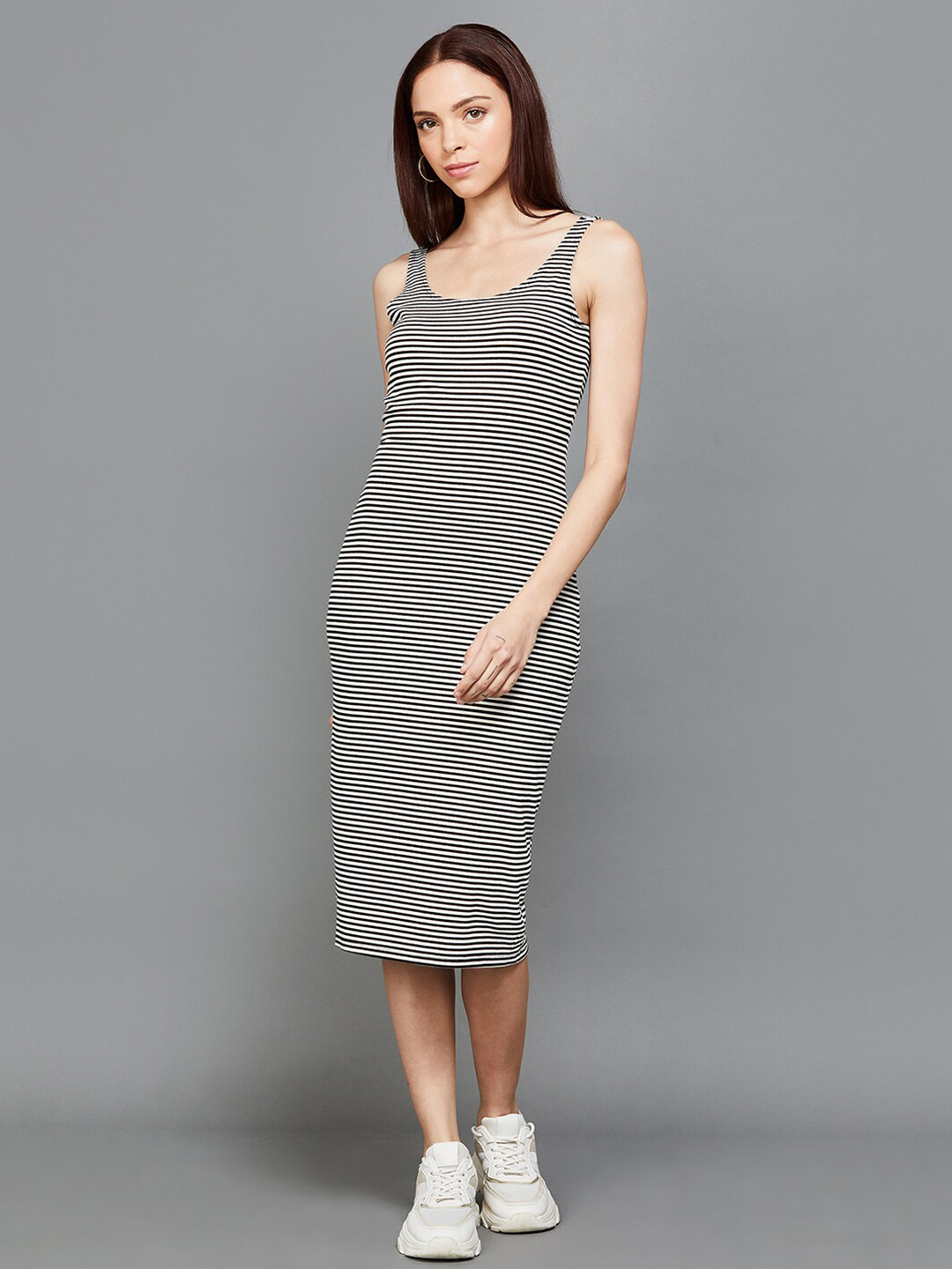 

Ginger by Lifestyle Striped Sleveeless Bodycon Midi Dress, Black