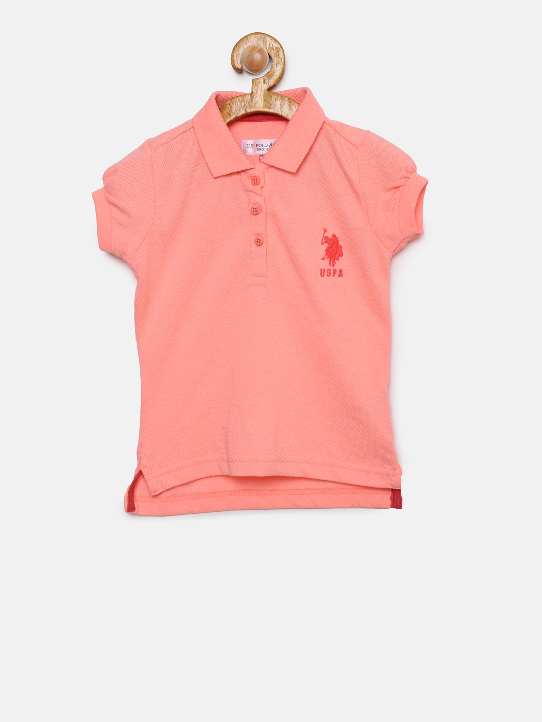 

U.S. Polo Assn. Kids Girls Peach-Coloured Solid Polo T-shirt