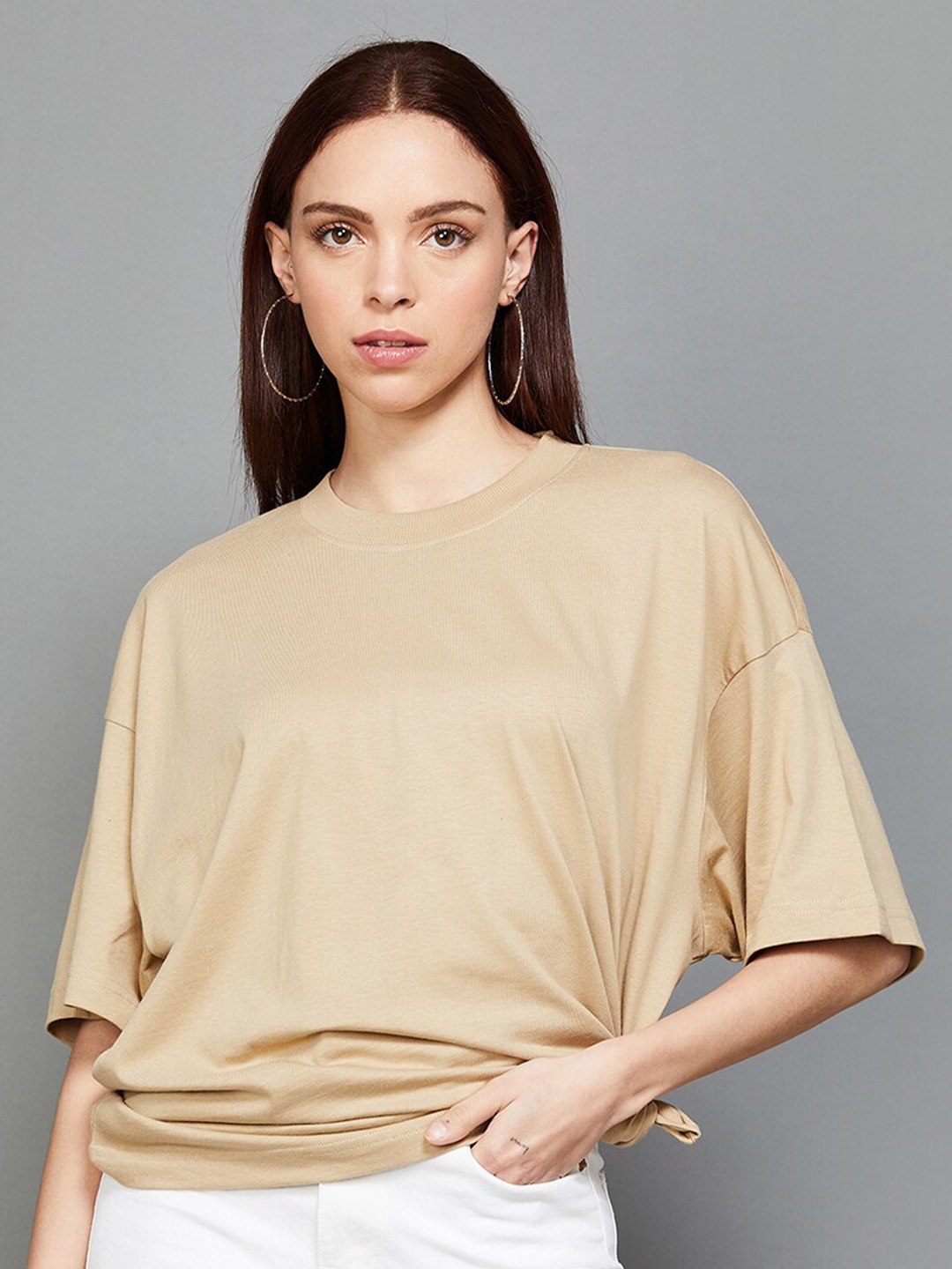 

Ginger by Lifestyle Drop-Shoulder Sleeves Cotton Longline Top, Beige