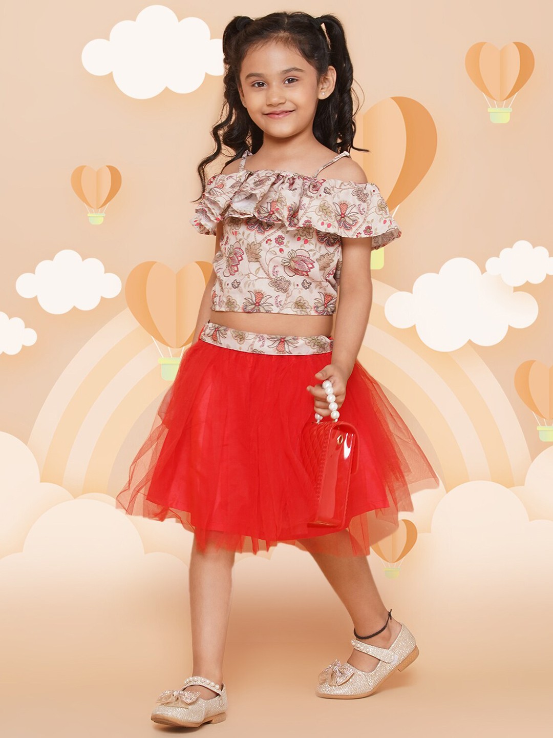 

Modish Couture Girls Floral Printed Cotton Top With Skirt, Beige