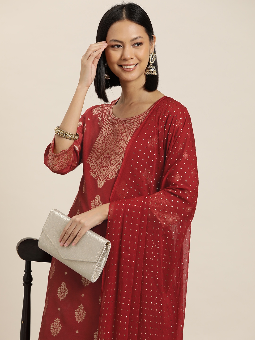 

HERE&NOW Ethnic Motifs Zari Regular Kurta with Trousers & Dupatta, Red