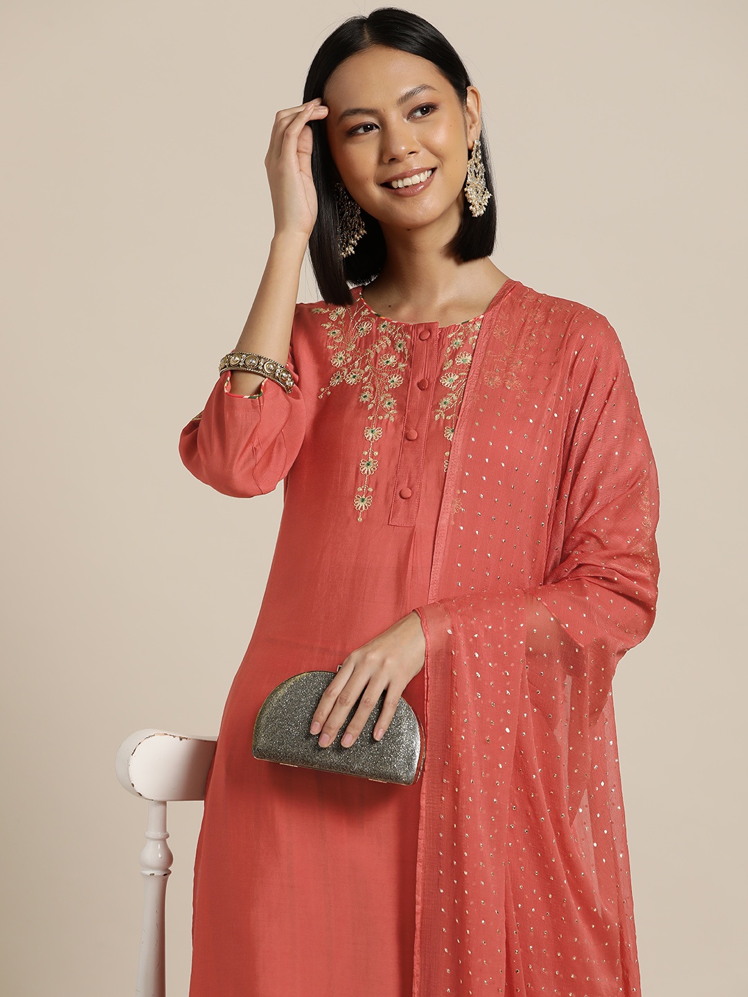 

HERE&NOW Floral Embroidered Regular Kurta with Trousers & Dupatta, Rust