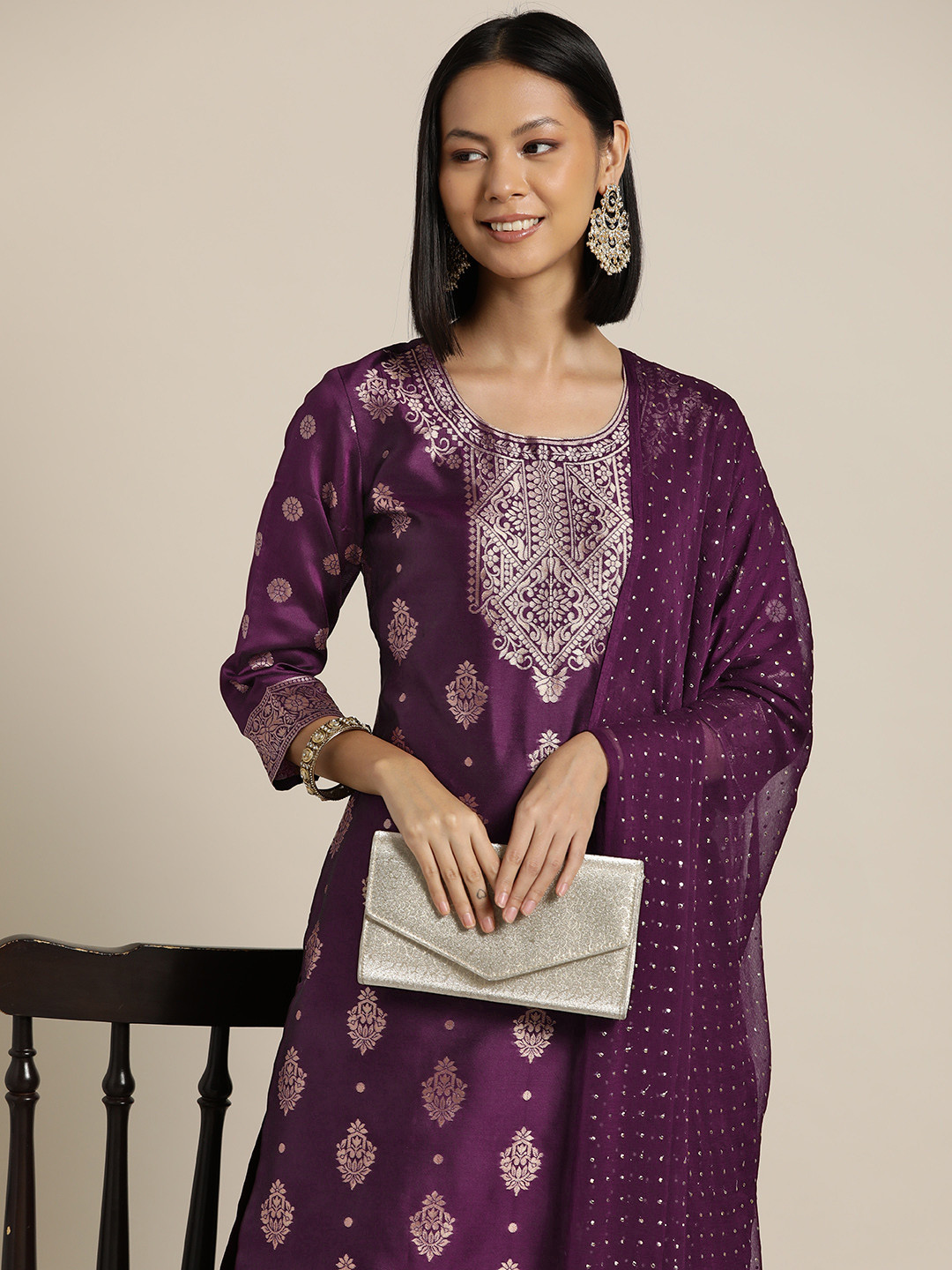

HERE&NOW Ethnic Motifs Zari Regular Kurta with Trousers & Dupatta, Purple