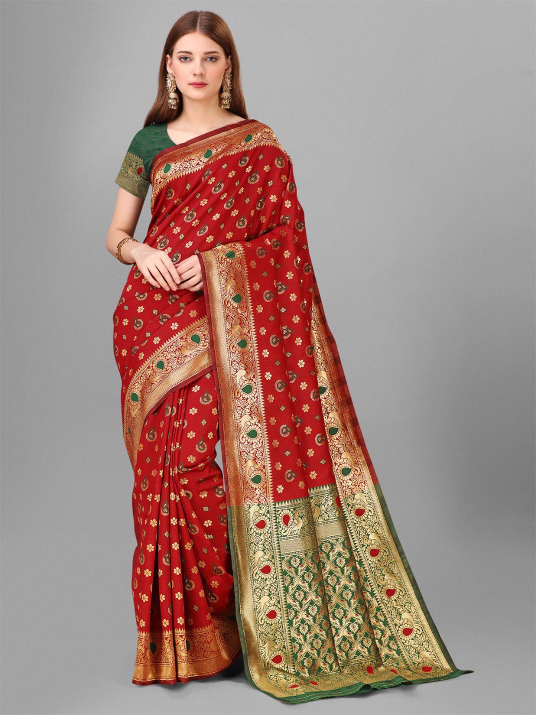 

VEERAX Ethnic Motifs Woven Design Zari Pure Silk Banarasi Saree, Red