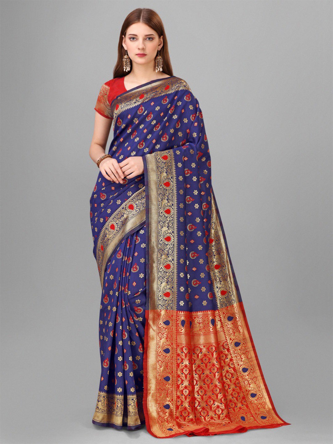 

VEERAX Ethnic Motifs Woven Design Zari Pure Silk Banarasi Saree, Blue
