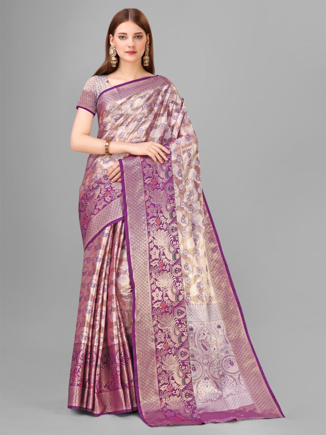 

VEERAX Ethnic Motifs Woven Design Zari Pure Silk Banarasi Saree, Purple