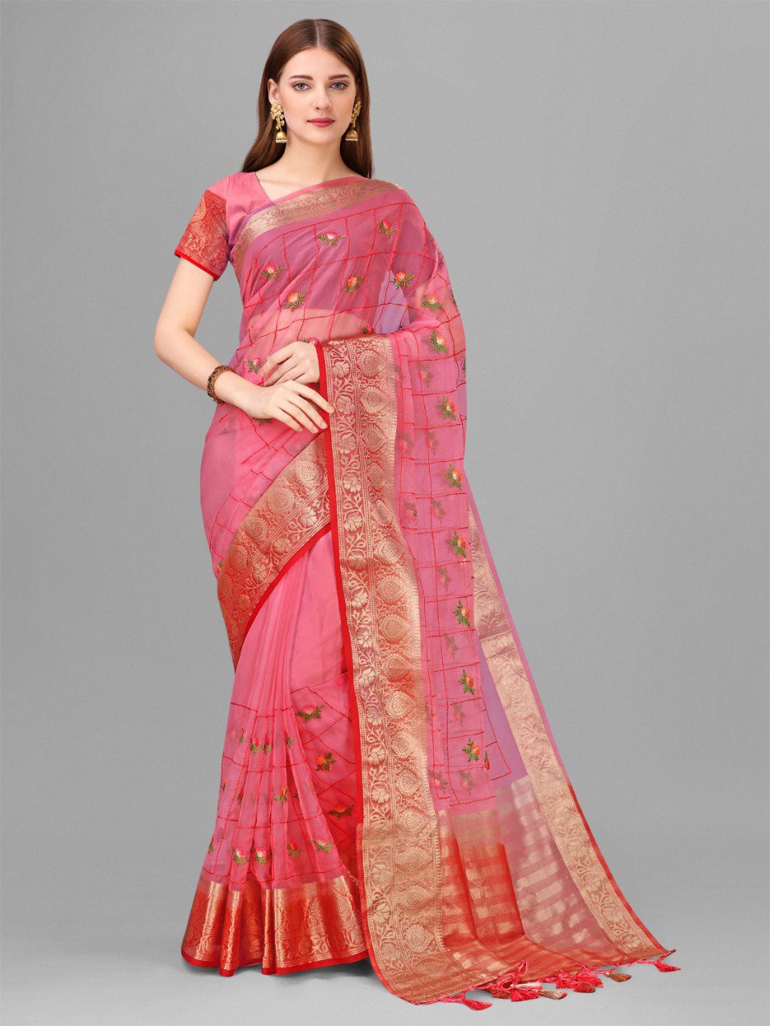 

VEERAX Pink & Green Floral Embroidered Zari Pure Silk Banarasi Saree