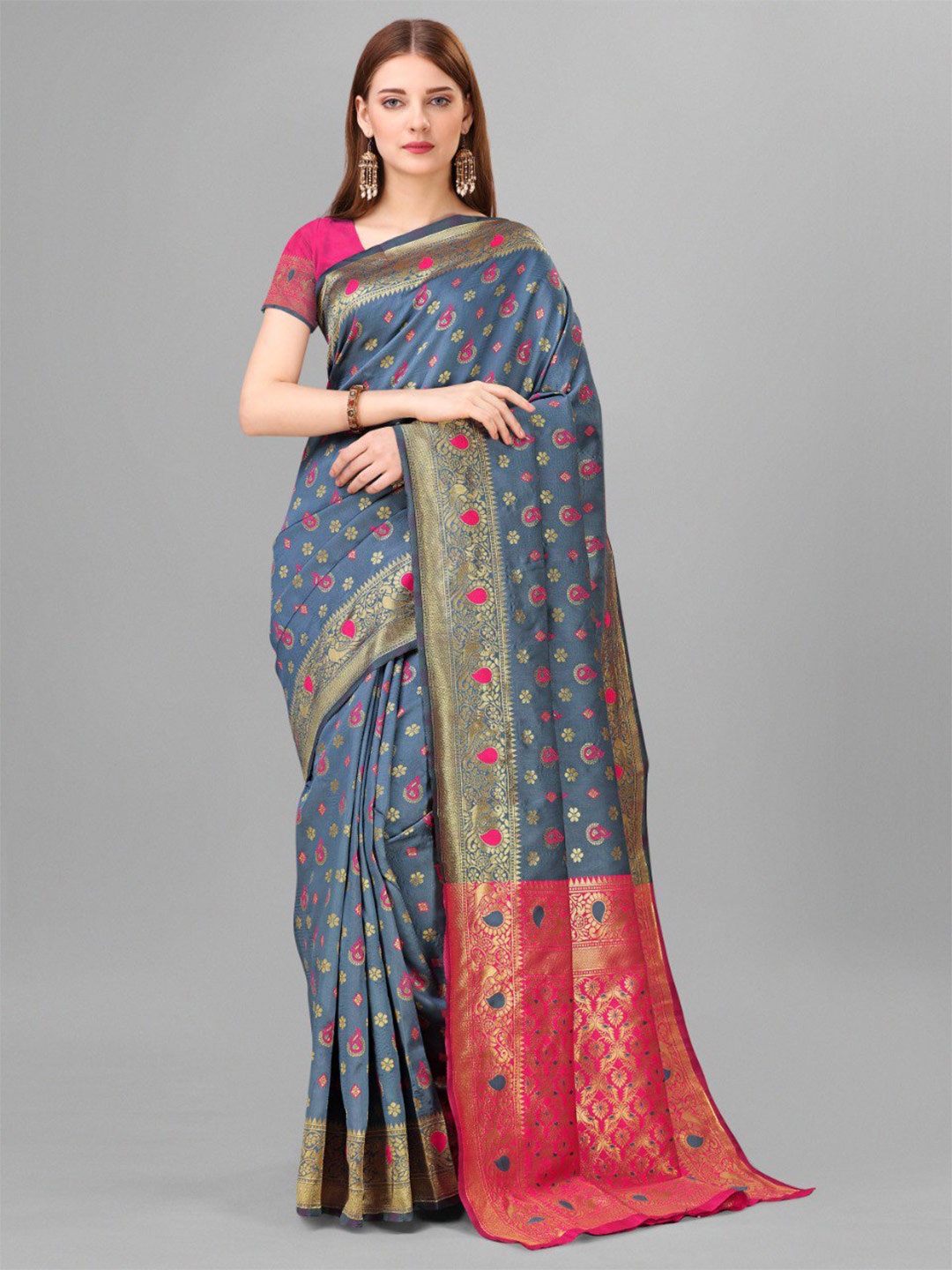 

VEERAX Grey & Pink Woven Design Zari Pure Silk Banarasi Saree