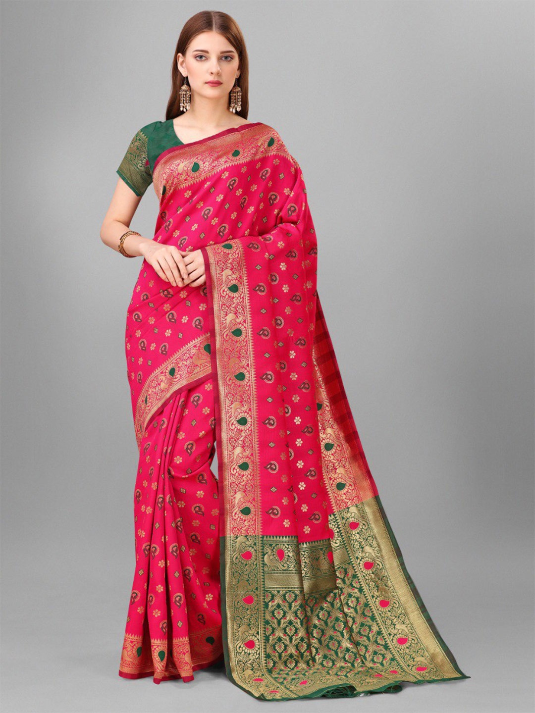 

VEERAX Red & Green Ethnic Motifs Woven Design Zari Pure Silk Banarasi Saree