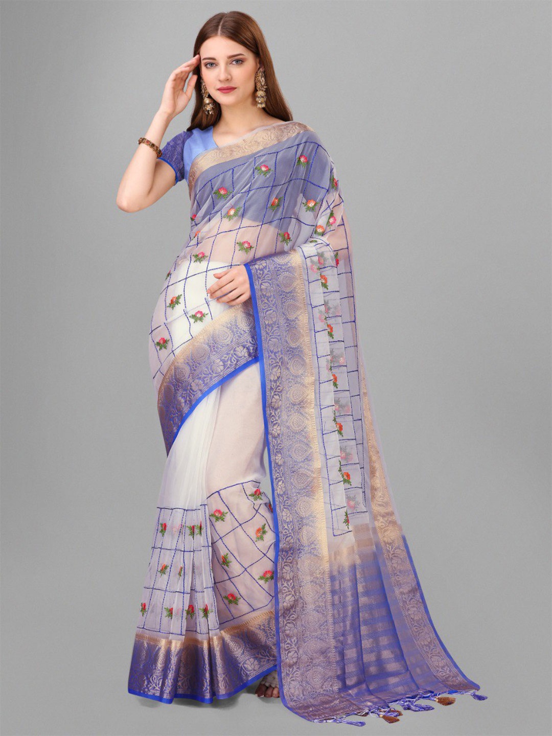 

VEERAX Woven Design Ethnic Motifs Zari Pure Silk Banarasi Saree, Blue